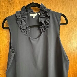 Navy sleeveless blouse, neck ruffle, white house black market